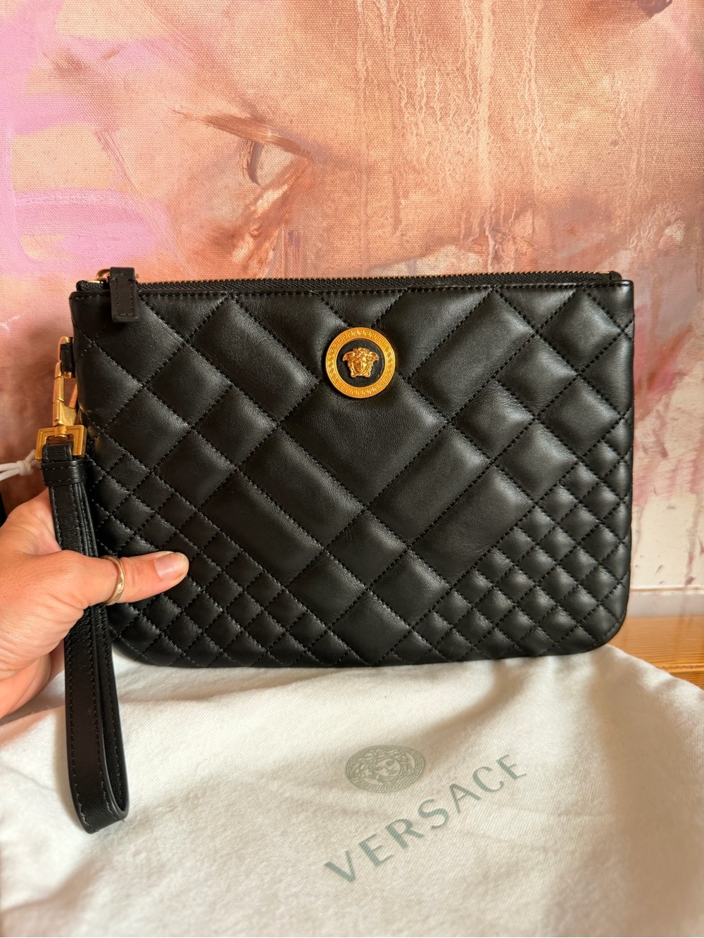 Versace Black Quilted Leather Wristlet Clutch with Medusa Emblem